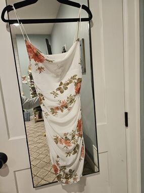 SHEIN White Floral Midi Dress with Coral Roses